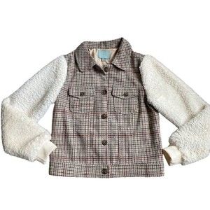 NEW Skies Are Blue Women's Sz Small Sherpa Sleeves Wool Blend Tweed Coat